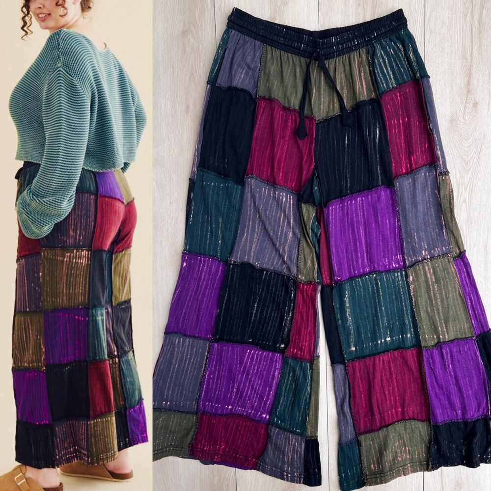 Earthbound 100% Cotton Assorted Rainbow Patchwork Wide-Leg Palazzo Pants Size M